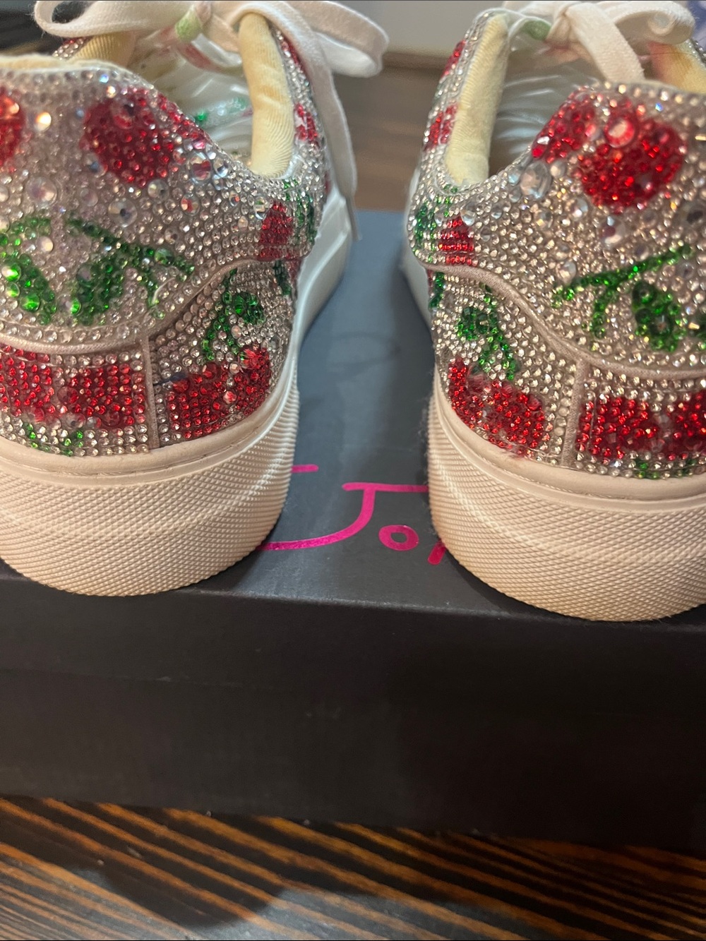 Betsey Johnson Crystal Cherry Embellished Sneakers - White/Red/Green - Picture 6 of 12